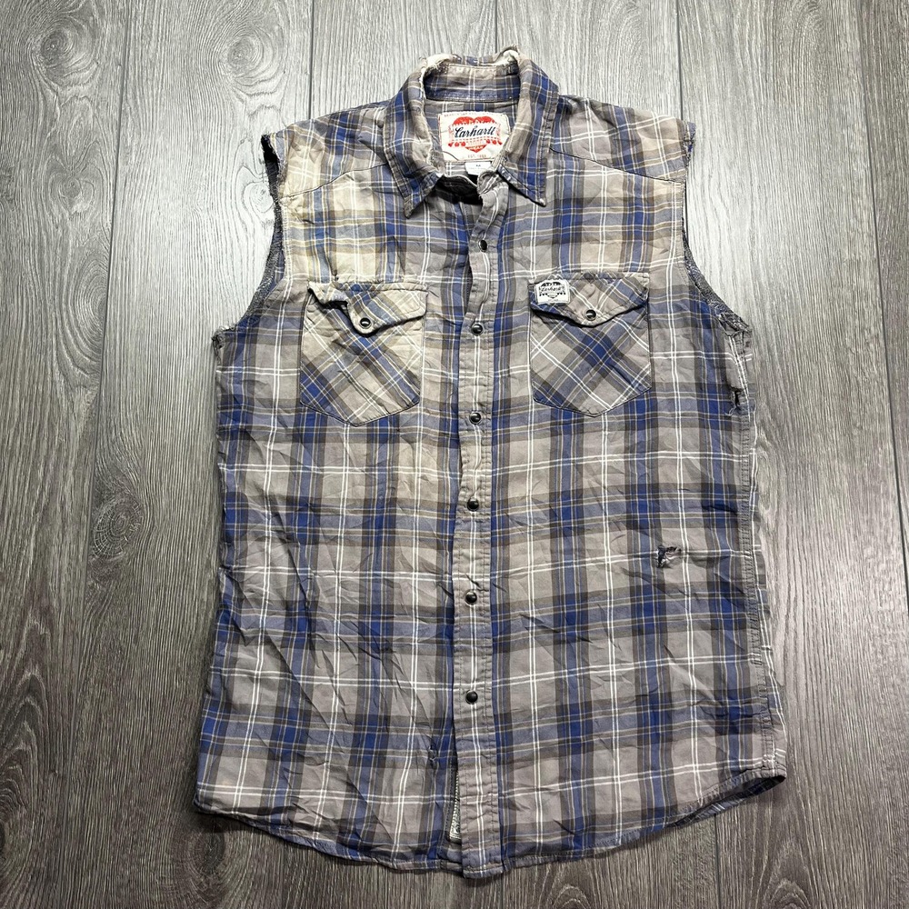 Vintage Carhartt Heart Logo Plaid Flannel Button Up Shirt Sleeveless Medium